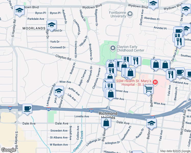 map of restaurants, bars, coffee shops, grocery stores, and more near 1024 Claytonia Terrace in Richmond Heights