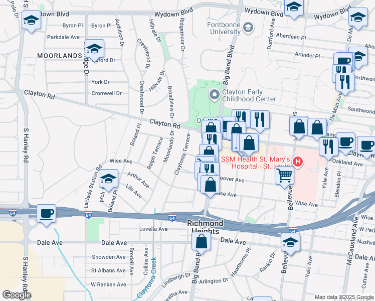 map of restaurants, bars, coffee shops, grocery stores, and more near 1028 Claytonia Terrace in Richmond Heights
