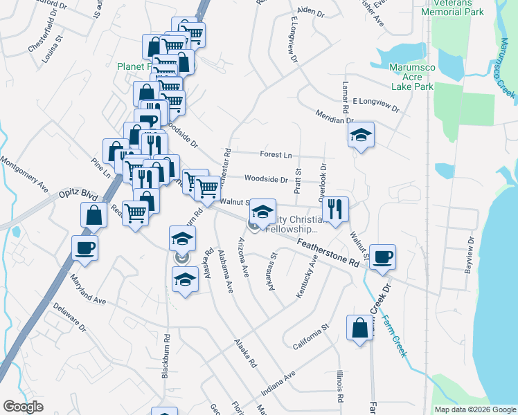 map of restaurants, bars, coffee shops, grocery stores, and more near 1515 Walnut Street in Woodbridge