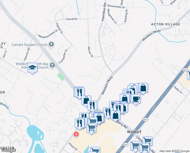 map of restaurants, bars, coffee shops, grocery stores, and more near 2896 Brunston Castle Lane in Waldorf