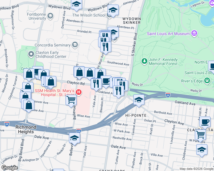 map of restaurants, bars, coffee shops, grocery stores, and more near in Clayton