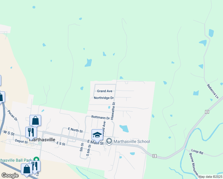 map of restaurants, bars, coffee shops, grocery stores, and more near 803 Grand Avenue in Marthasville