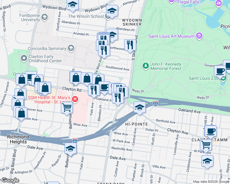 map of restaurants, bars, coffee shops, grocery stores, and more near 6957 Clayton Avenue in St. Louis