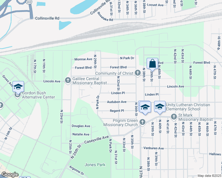 map of restaurants, bars, coffee shops, grocery stores, and more near 1710 Parkview Drive in East St. Louis
