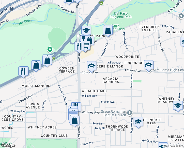 map of restaurants, bars, coffee shops, grocery stores, and more near 3500 Edison Avenue in Sacramento