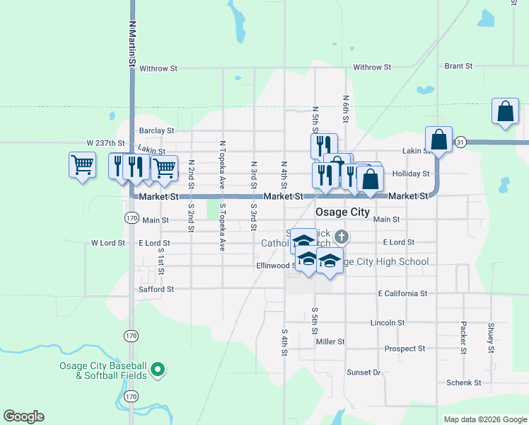 map of restaurants, bars, coffee shops, grocery stores, and more near 316 Main Street in Osage City