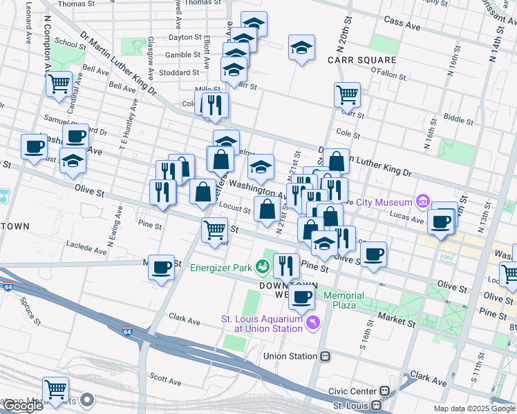 map of restaurants, bars, coffee shops, grocery stores, and more near 2221 Locust Street in St. Louis