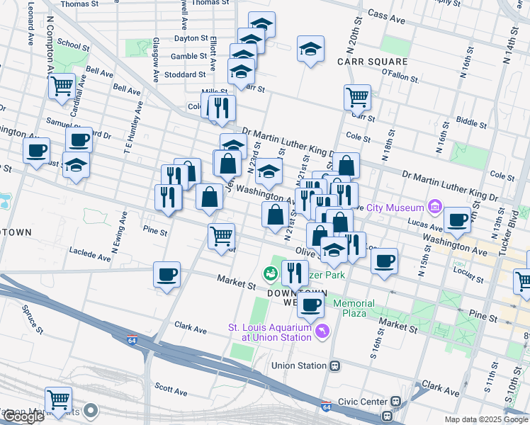 map of restaurants, bars, coffee shops, grocery stores, and more near 2221 Locust Street in St. Louis