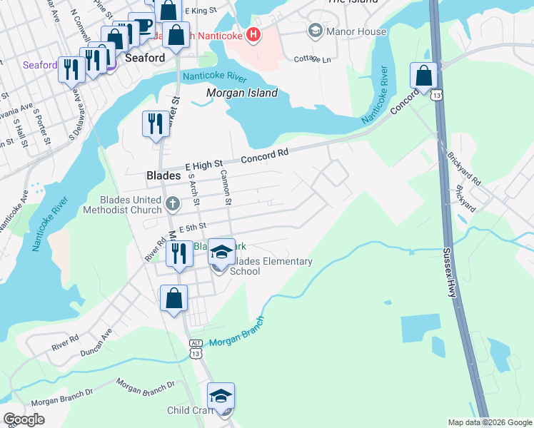 map of restaurants, bars, coffee shops, grocery stores, and more near 211 East 5th Street in Blades