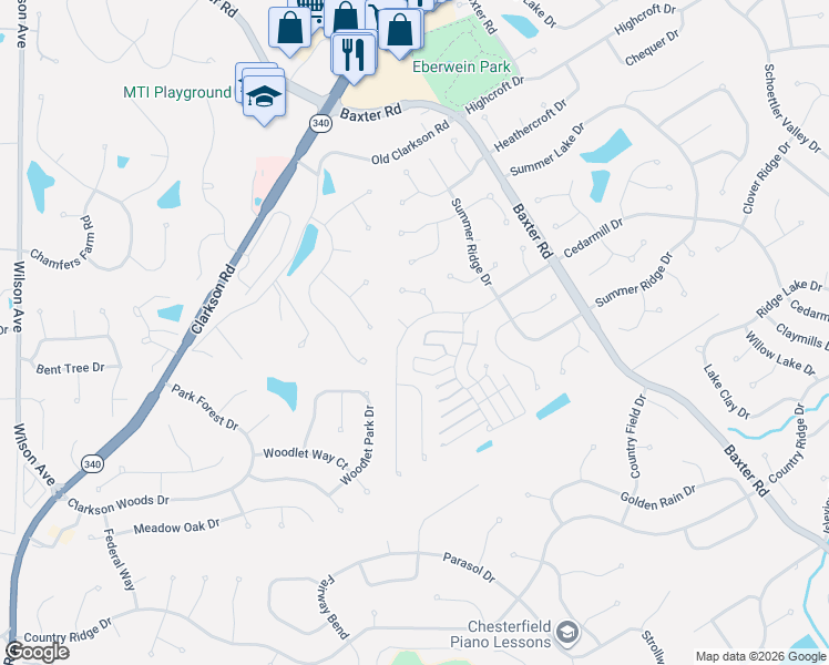 map of restaurants, bars, coffee shops, grocery stores, and more near 15815 Walker Ridge Court in Chesterfield