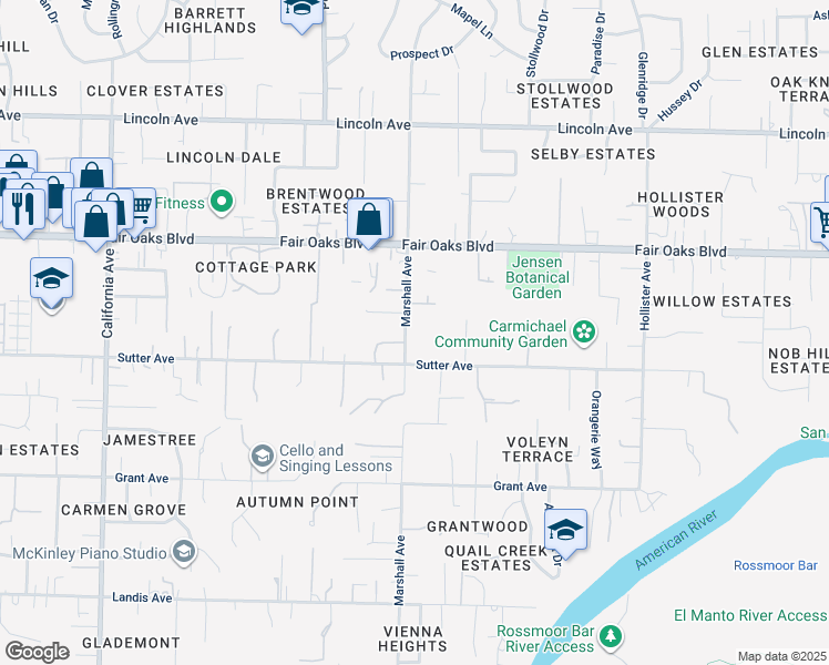 map of restaurants, bars, coffee shops, grocery stores, and more near 3830 Marshall Avenue in Carmichael