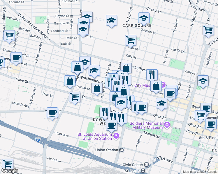 map of restaurants, bars, coffee shops, grocery stores, and more near 2012 Washington Avenue in St. Louis
