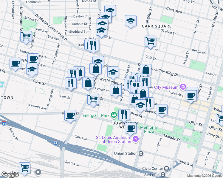 map of restaurants, bars, coffee shops, grocery stores, and more near 2221 Locust Street in St. Louis
