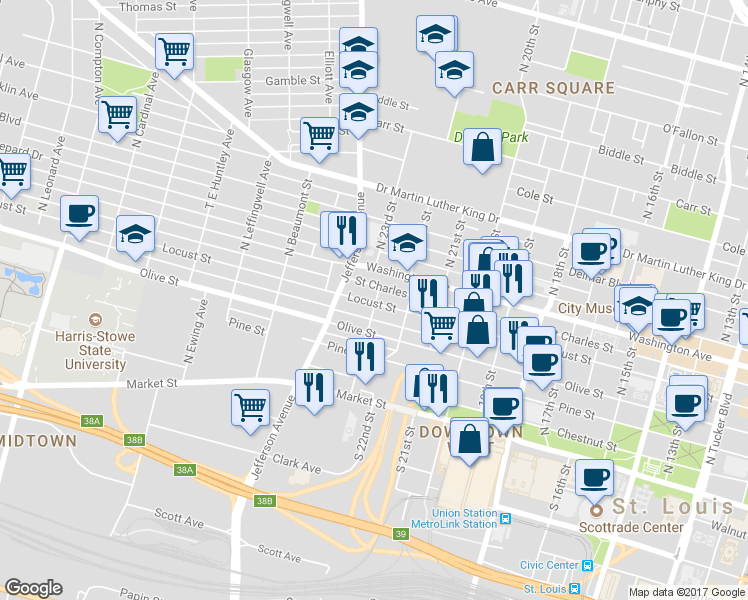 map of restaurants, bars, coffee shops, grocery stores, and more near 2221 Locust Street in St. Louis
