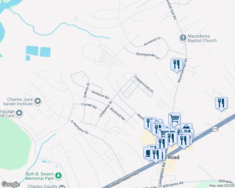 map of restaurants, bars, coffee shops, grocery stores, and more near 6830 Matthews Road in Bryans Road