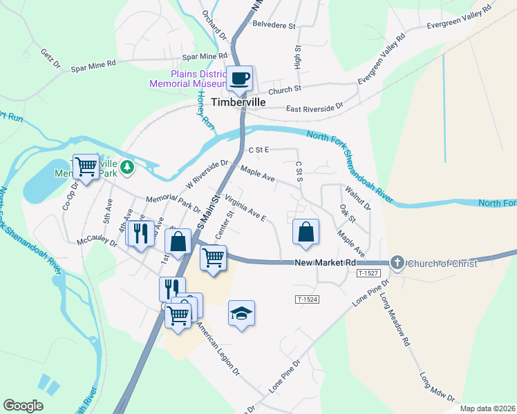map of restaurants, bars, coffee shops, grocery stores, and more near 169 Virginia Ave in Timberville