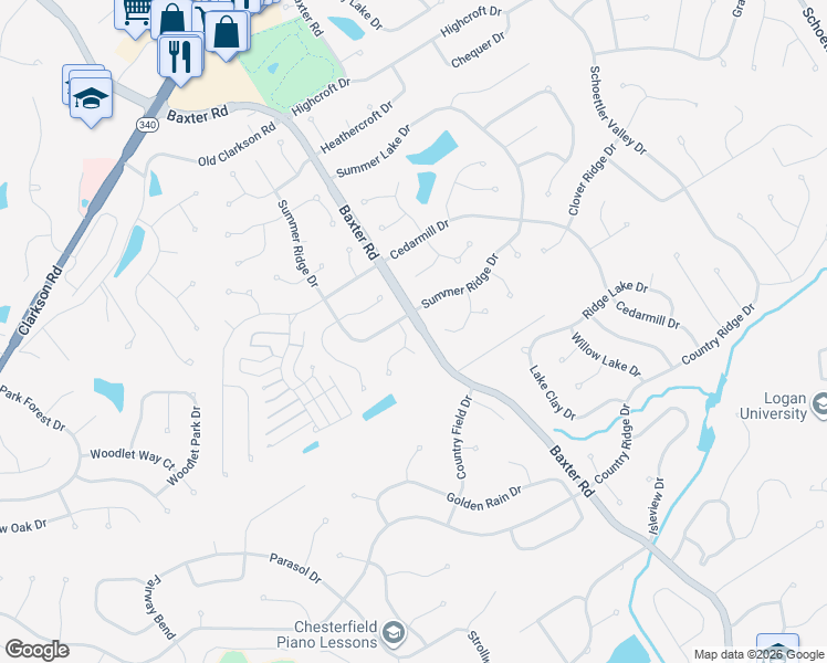 map of restaurants, bars, coffee shops, grocery stores, and more near 15672 Sugarridge Court in Chesterfield