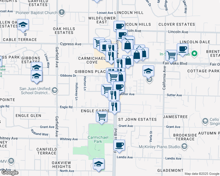map of restaurants, bars, coffee shops, grocery stores, and more near 5853 Sutter Avenue in Carmichael