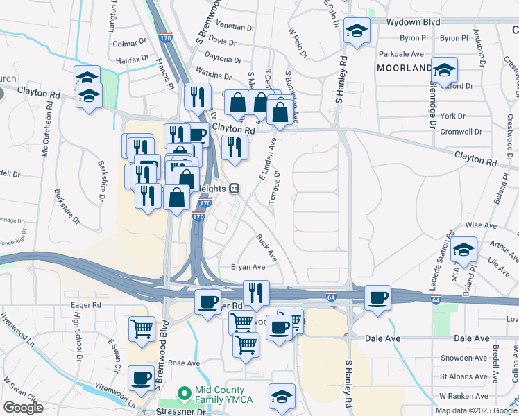 map of restaurants, bars, coffee shops, grocery stores, and more near 8412 Winzenburg Drive in Richmond Heights