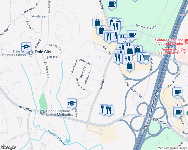 map of restaurants, bars, coffee shops, grocery stores, and more near 2903 Archer Court in Woodbridge