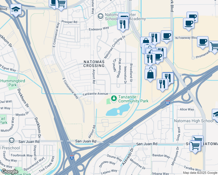 map of restaurants, bars, coffee shops, grocery stores, and more near 3621 Bilsted Way in Sacramento