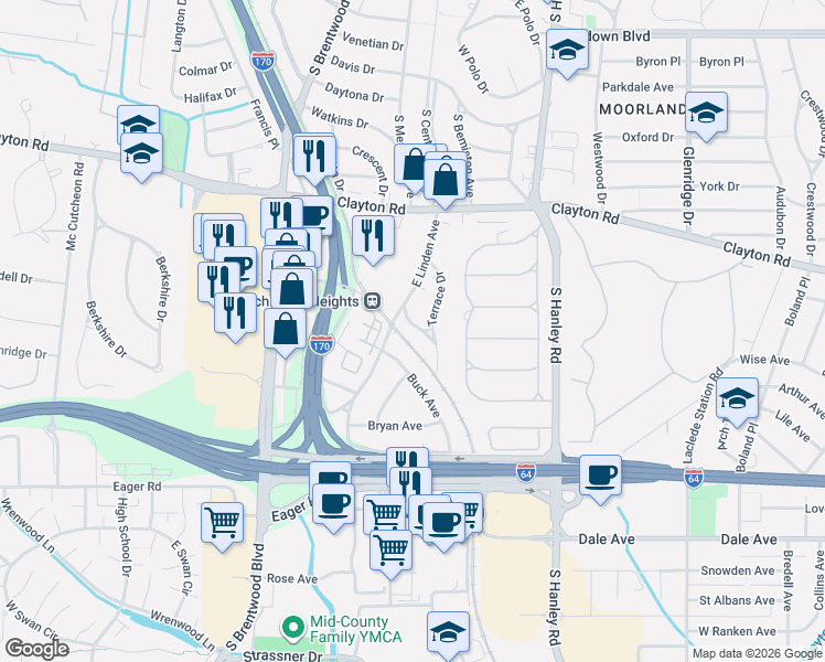 map of restaurants, bars, coffee shops, grocery stores, and more near 8412 Winzenburg Drive in Richmond Heights