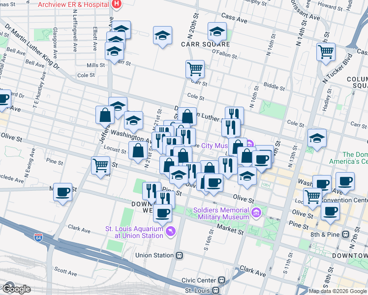 map of restaurants, bars, coffee shops, grocery stores, and more near 1901 Washington Avenue in St. Louis
