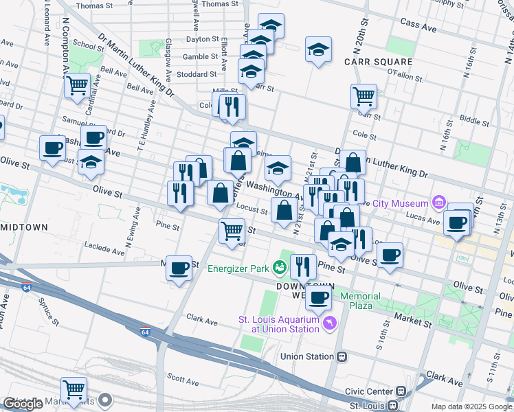 map of restaurants, bars, coffee shops, grocery stores, and more near 2221 Locust Street in St. Louis