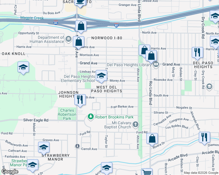 map of restaurants, bars, coffee shops, grocery stores, and more near 611 Kesner Avenue in Sacramento