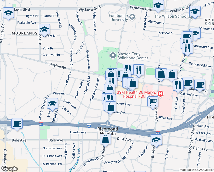 map of restaurants, bars, coffee shops, grocery stores, and more near 1022 Commodore Drive in St. Louis