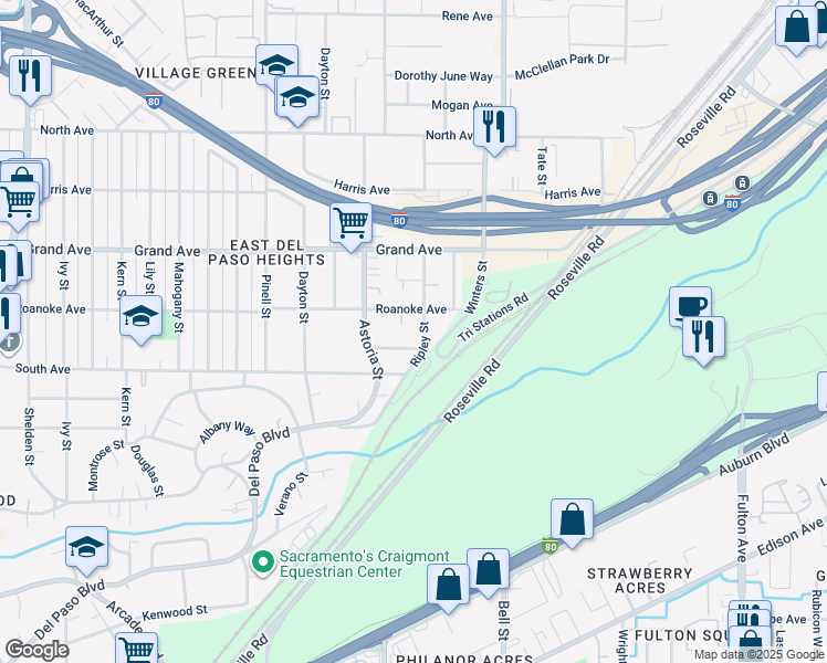 map of restaurants, bars, coffee shops, grocery stores, and more near 3641 Ripley Street in Sacramento