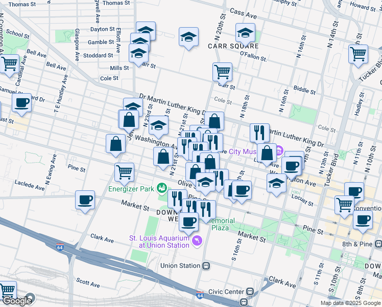 map of restaurants, bars, coffee shops, grocery stores, and more near 2012 Washington Avenue in St. Louis