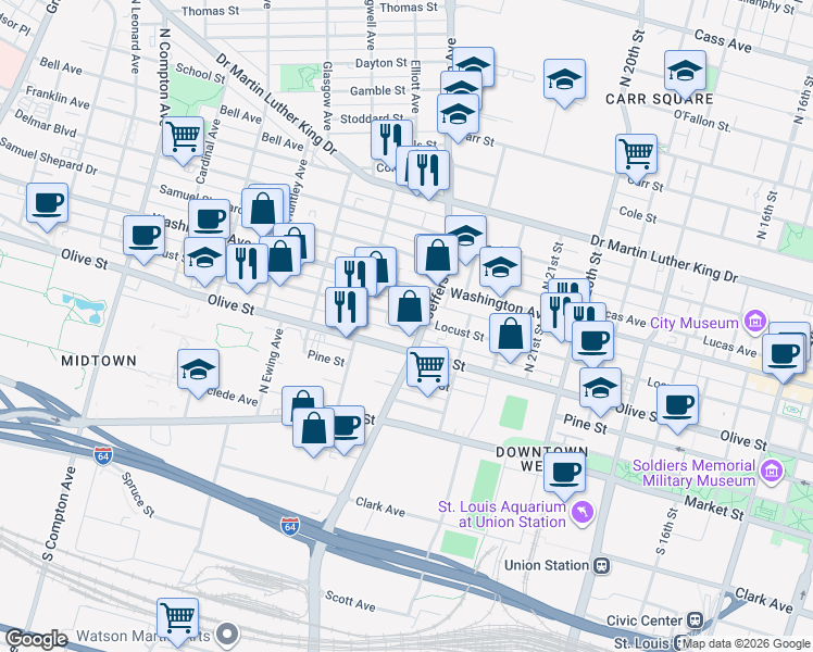 map of restaurants, bars, coffee shops, grocery stores, and more near 2612 Locust Street in St. Louis