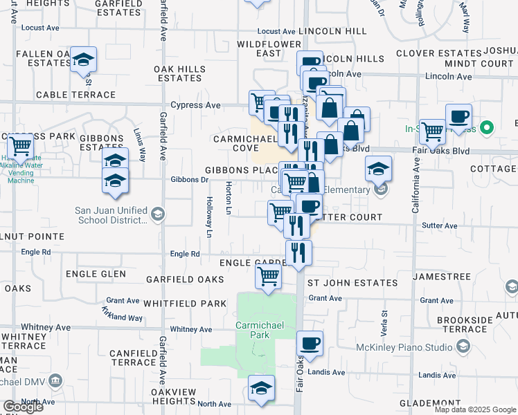 map of restaurants, bars, coffee shops, grocery stores, and more near 5809 Sutter Avenue in Carmichael