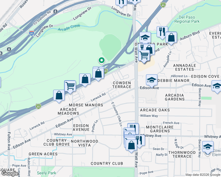 map of restaurants, bars, coffee shops, grocery stores, and more near 3366 Lerwick Road in Sacramento