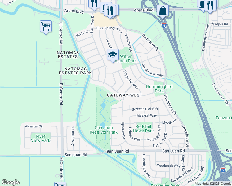 map of restaurants, bars, coffee shops, grocery stores, and more near 2915 Chateau Montelena Way in Sacramento
