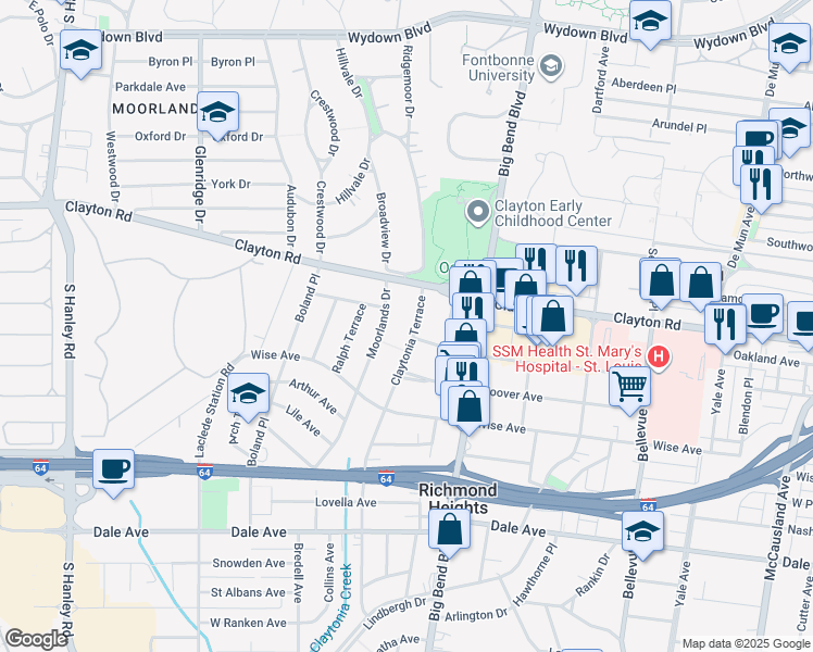 map of restaurants, bars, coffee shops, grocery stores, and more near 1024 Claytonia Terrace in Richmond Heights