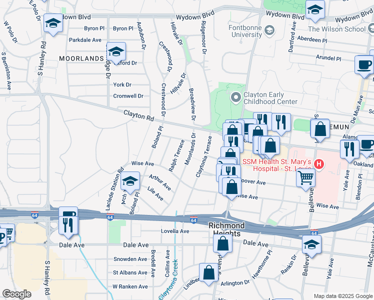 map of restaurants, bars, coffee shops, grocery stores, and more near 1114 Moorlands Drive in Richmond Heights