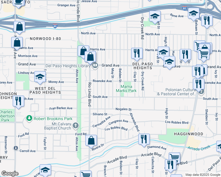 map of restaurants, bars, coffee shops, grocery stores, and more near 3625 May Street in Sacramento