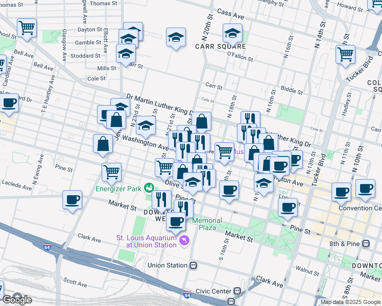 map of restaurants, bars, coffee shops, grocery stores, and more near 1917 Washington Avenue in St. Louis