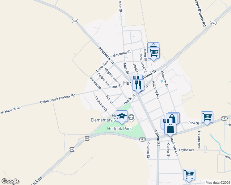 map of restaurants, bars, coffee shops, grocery stores, and more near 207 Heights Avenue in Hurlock