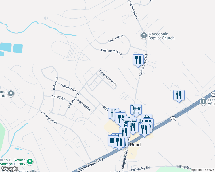 map of restaurants, bars, coffee shops, grocery stores, and more near 2832 Coppersmith Place in Bryans Road