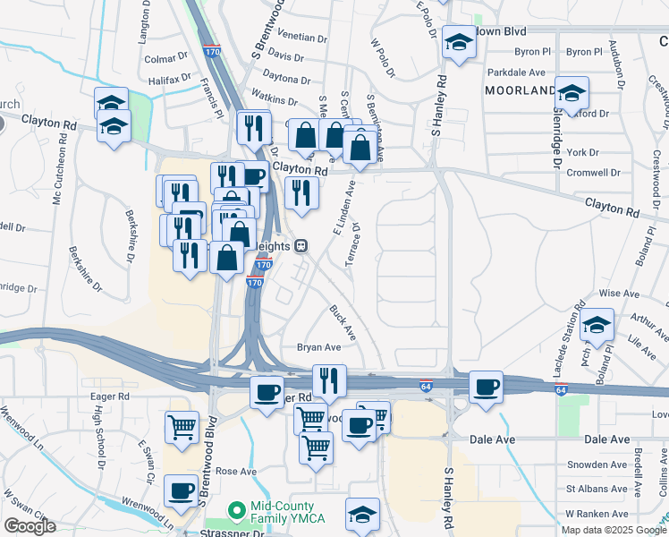 map of restaurants, bars, coffee shops, grocery stores, and more near 8414 Winzenburg Drive in Richmond Heights