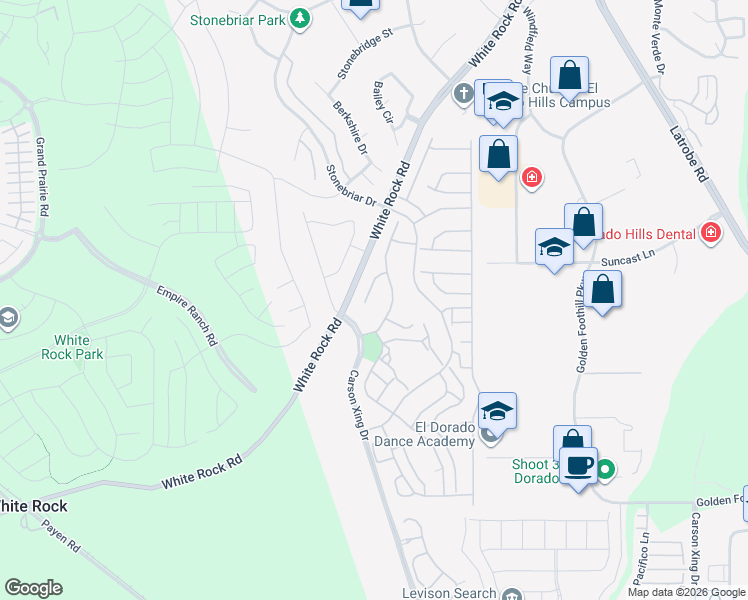 map of restaurants, bars, coffee shops, grocery stores, and more near 125 Slate Ridge Court in El Dorado Hills