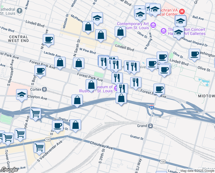 map of restaurants, bars, coffee shops, grocery stores, and more near 3834 Forest Park Avenue in St. Louis