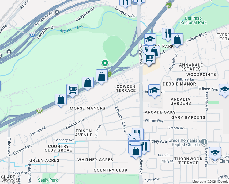 map of restaurants, bars, coffee shops, grocery stores, and more near 3366 Lerwick Road in Sacramento