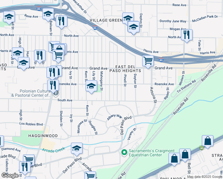 map of restaurants, bars, coffee shops, grocery stores, and more near 3628 Natoma Way in Sacramento