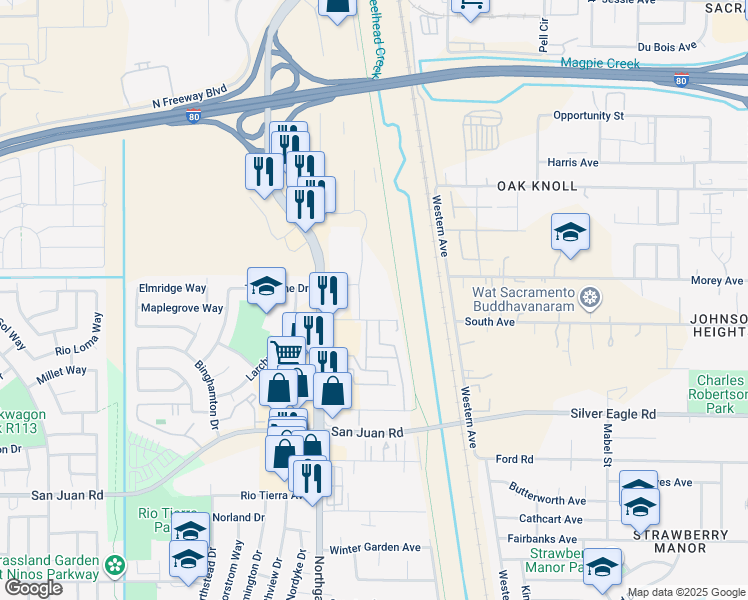 map of restaurants, bars, coffee shops, grocery stores, and more near 110 Department of Transportation Driveway in Sacramento