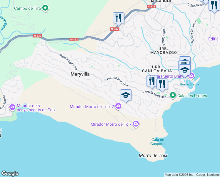 map of restaurants, bars, coffee shops, grocery stores, and more near 28G Partida Maryvilla in Calpe