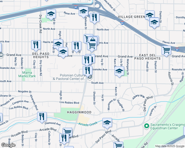 map of restaurants, bars, coffee shops, grocery stores, and more near 3629 Willow Street in Sacramento